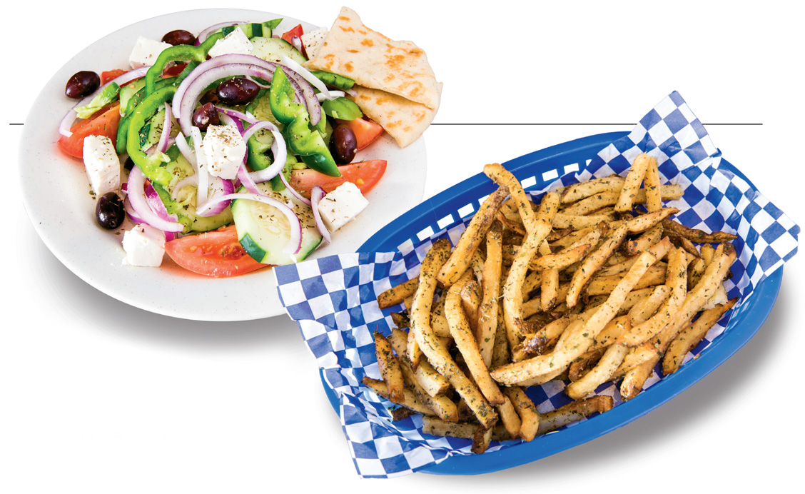 Peasant salata, the authentic Greek salad, and lemon oregano fries are tasty favorites.